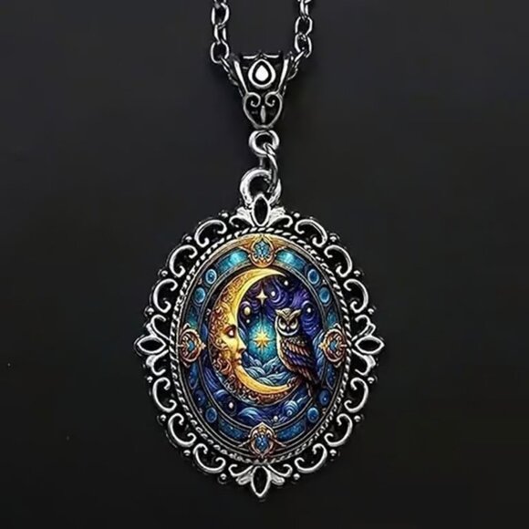 Silver CELESTIAL Sun Moon OWL Pendant Necklace - Picture 1 of 4